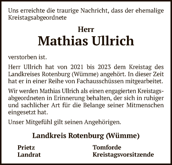 Todesanzeige von Mathias Ullrich von SYK