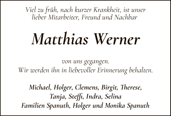Todesanzeige von Matthias Werner von SYK