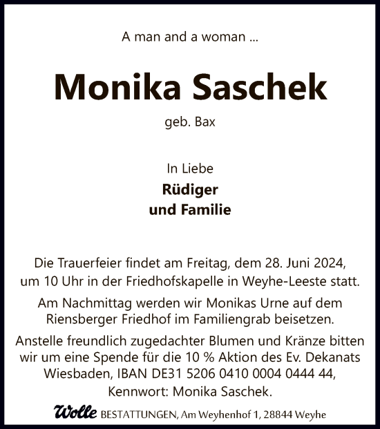 Todesanzeige von Monika Saschek von SYK
