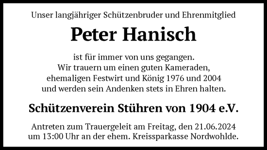 Todesanzeige von Peter Hanisch von SYK