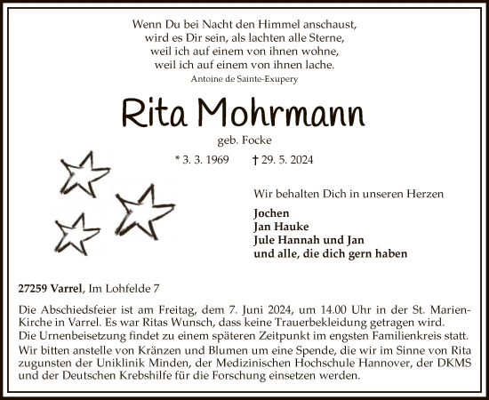 Todesanzeige von Rita Mohrmann von SYKSYK