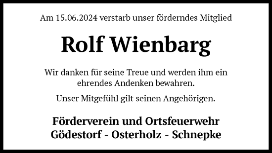 Todesanzeige von Rolf Wienbarg von SYK