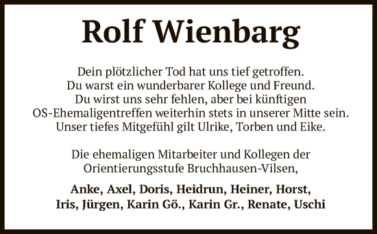 Todesanzeige von Rolf Wienbarg von SYK