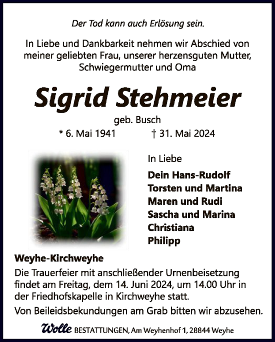 Todesanzeige von Sigrid Stehmeier von SYK