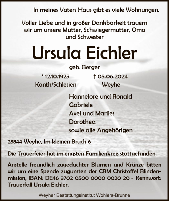 Todesanzeige von Ursula Eichler von SYK