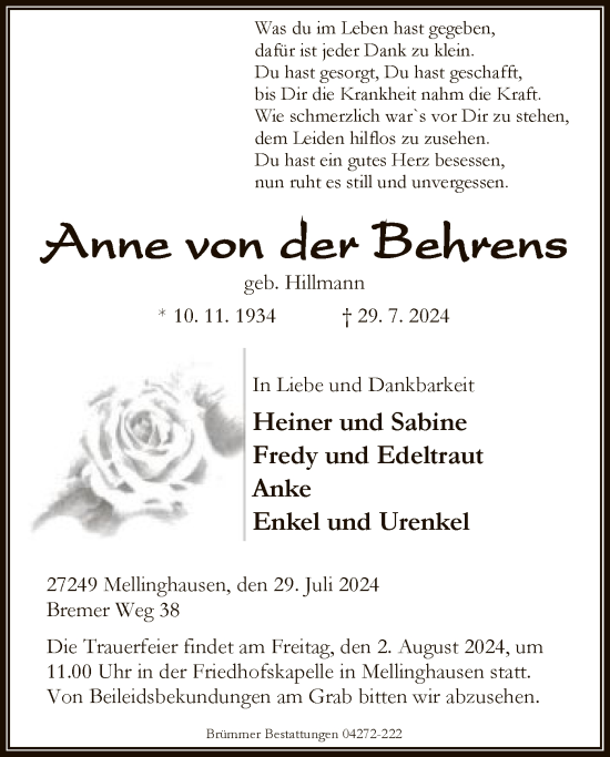 Todesanzeige von Annne von der Behrens von SYK