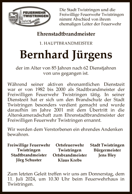 Todesanzeige von Bernhard Jürgens von SYK