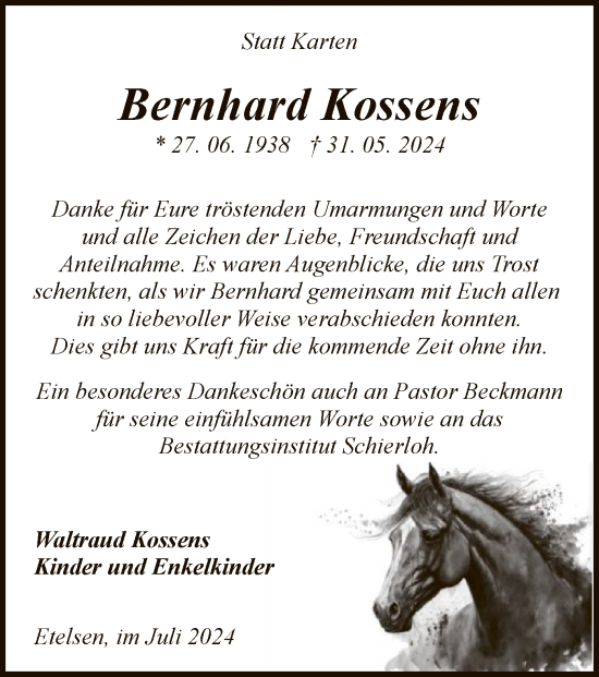 Todesanzeige von Bernhard Kossens von SYK