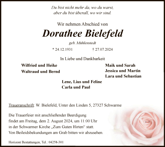 Todesanzeige von Dorathee Bielefeld von SYK