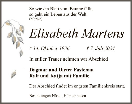 Todesanzeige von Elisabeth Martens von SYK
