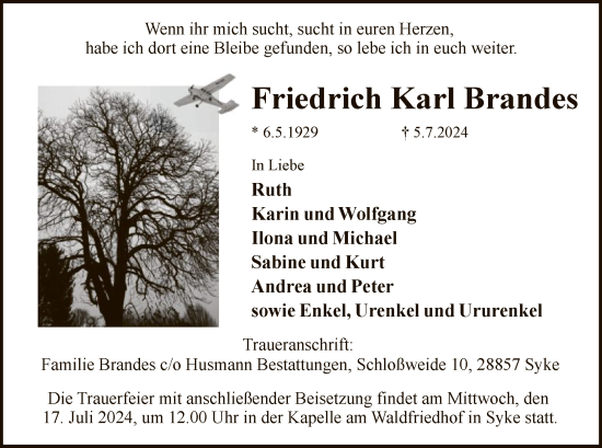Todesanzeige von Friedrich Karl Brandes von SYK
