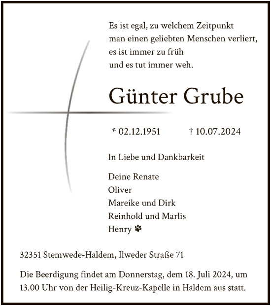 Todesanzeige von Günter Grube von SYK