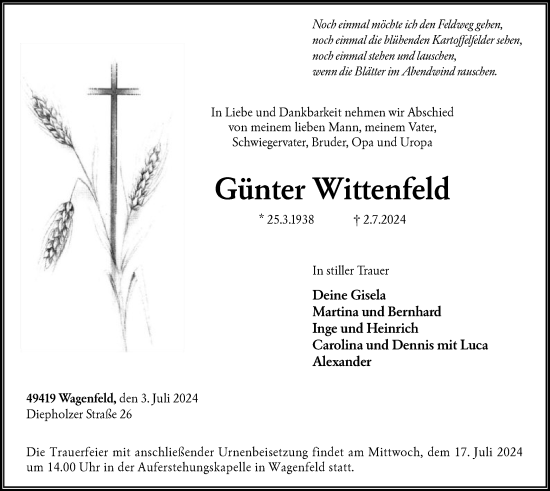 Todesanzeige von Günter Wittenfeld von SYK