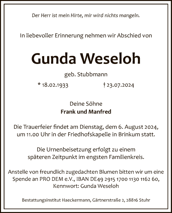 Todesanzeige von Gunda Weseloh von SYK