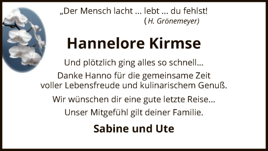 Todesanzeige von Hannelore Kirmse von SYK