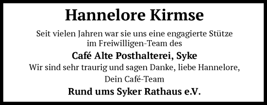 Todesanzeige von Hannelore Kirmse von SYK