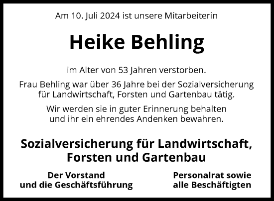 Todesanzeige von Heike Behling von SYK