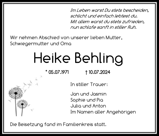 Todesanzeige von Heike Behling von SYK