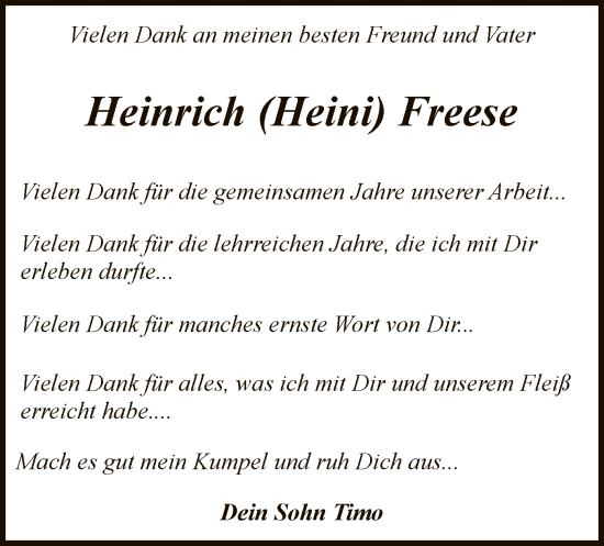 Todesanzeige von Heinrich Freese von SYK
