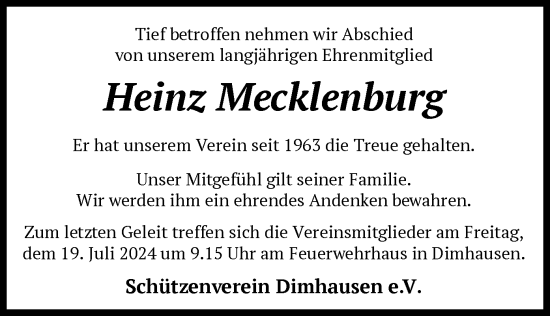 Todesanzeige von Heinz Mecklenburg von SYK