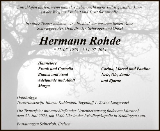 Todesanzeige von Hermann Rohde von SYK