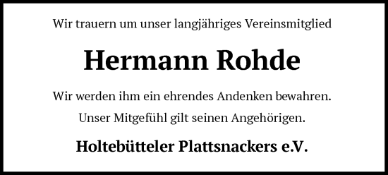 Todesanzeige von Hermann Rohde von SYK
