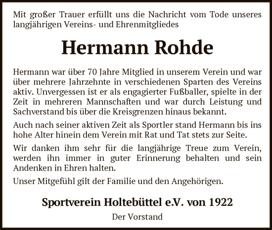 Todesanzeige von Hermann Rohde von SYK