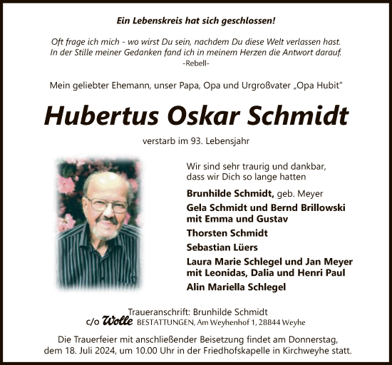 Todesanzeige von Hubertus Oskar Schmidt von SYK