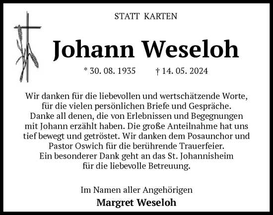 Todesanzeige von Johann Weseloh von SYK