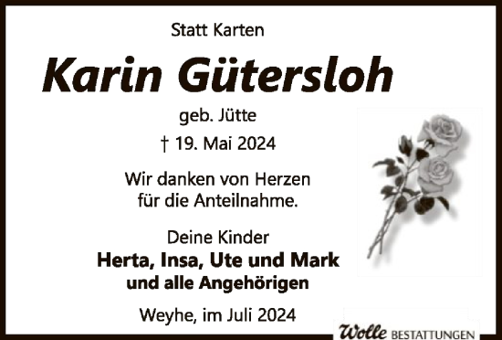 Todesanzeige von Karin Gütersloh von SYK