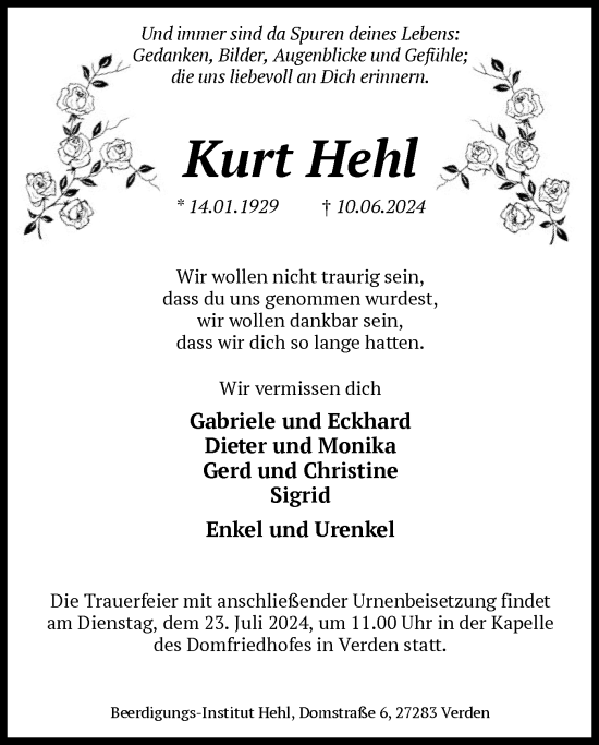 Todesanzeige von Kurt Hehl von SYK