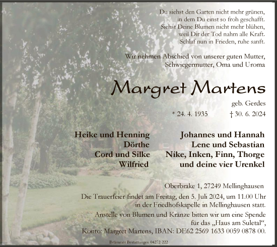 Todesanzeige von Margret Martens von SYK