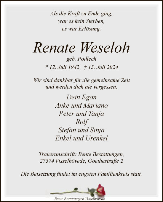 Todesanzeige von Renate Weseloh von SYK