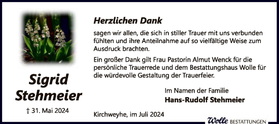 Todesanzeige von Sigrid Stehmeier von SYK