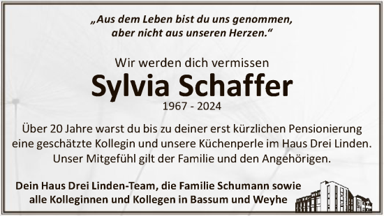Todesanzeige von Sylvia Schaffer von SYK