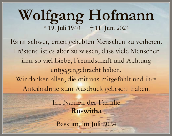 Todesanzeige von Wolfgang Hofmann von SYK