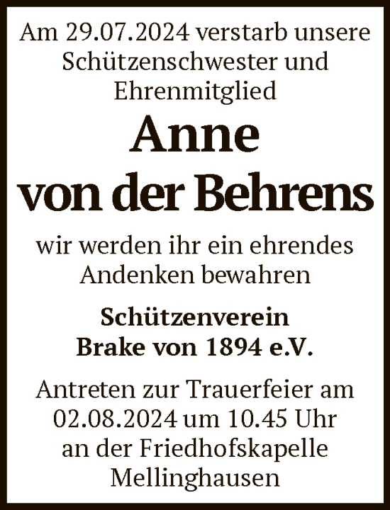 Todesanzeige von Anne von der Behrens von SYK