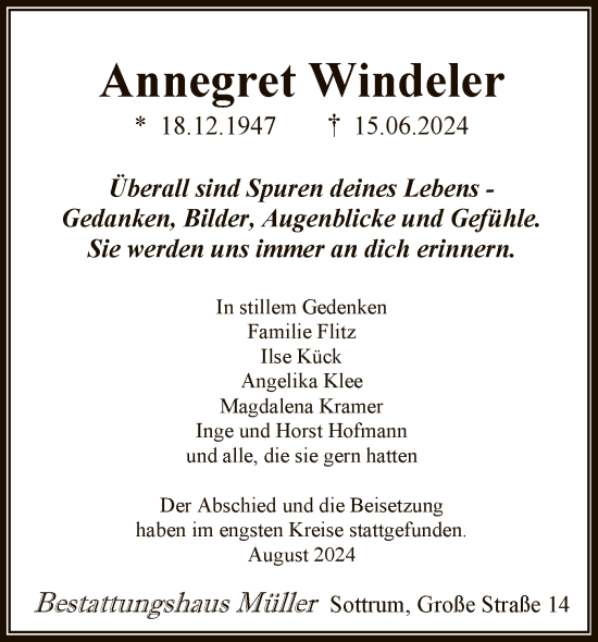Todesanzeige von Annegret Windeler von SYK