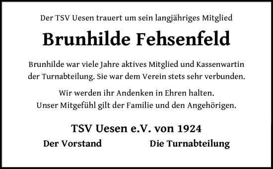 Todesanzeige von Brunhilde Fehsenfeld von SYK