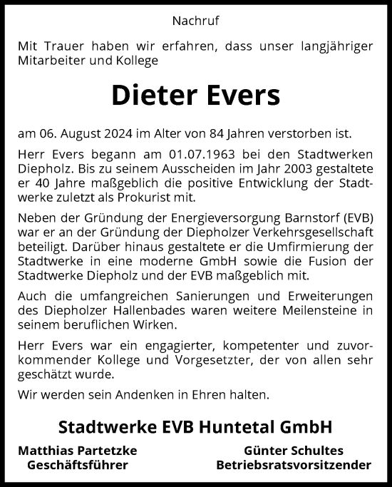 Todesanzeige von Dieter Evers von SYK
