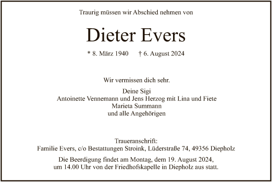 Todesanzeige von Dieter Evers von SYK