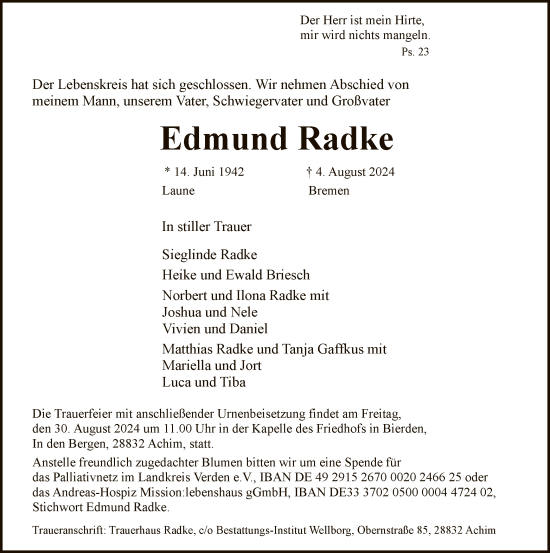 Todesanzeige von Edmund Radke von SYK