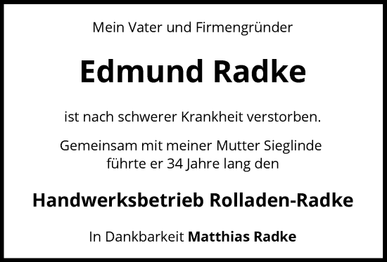 Todesanzeige von Edmund Radke von SYK