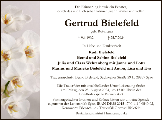 Todesanzeige von Gertrud Bielefeld von SYK