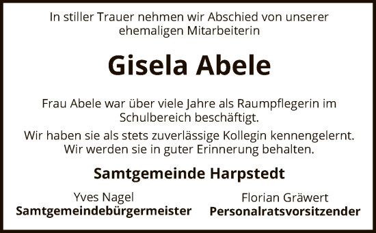 Todesanzeige von Gisela Abele von SYK