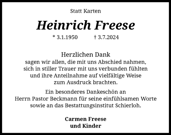 Todesanzeige von Heinrich Freese von SYK