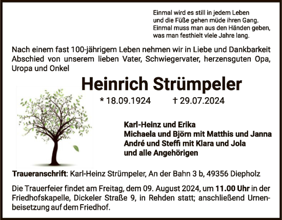 Todesanzeige von Heinrich Strümpeler von SYK