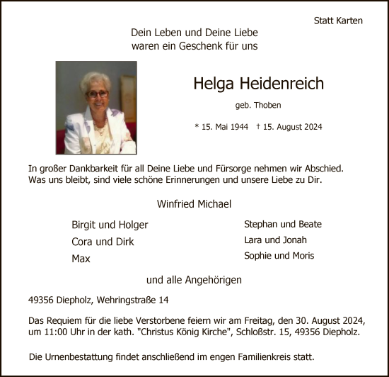 Todesanzeige von Helga Heidenreich von SYK