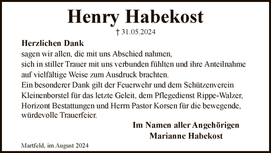 Todesanzeige von Henry Habekost von SYK