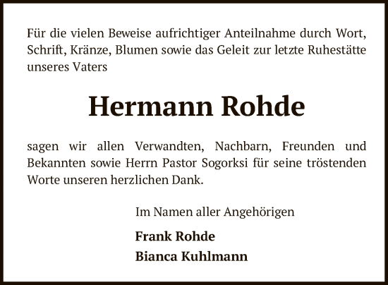 Todesanzeige von Hermann Rohde von SYK